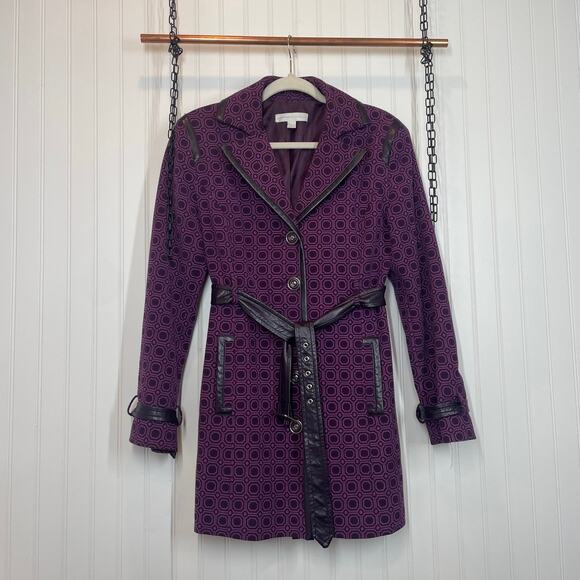 NY & COMPANY Trench Coat Jacket Belted Classic Purple Geo Print Size Medium - Picture 1 of 9